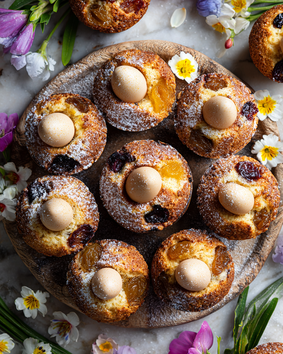 Muffins Simnel irrésistibles garnis de pâte d'amande, parfaits pour Pâques, avec des saveurs de printemps.