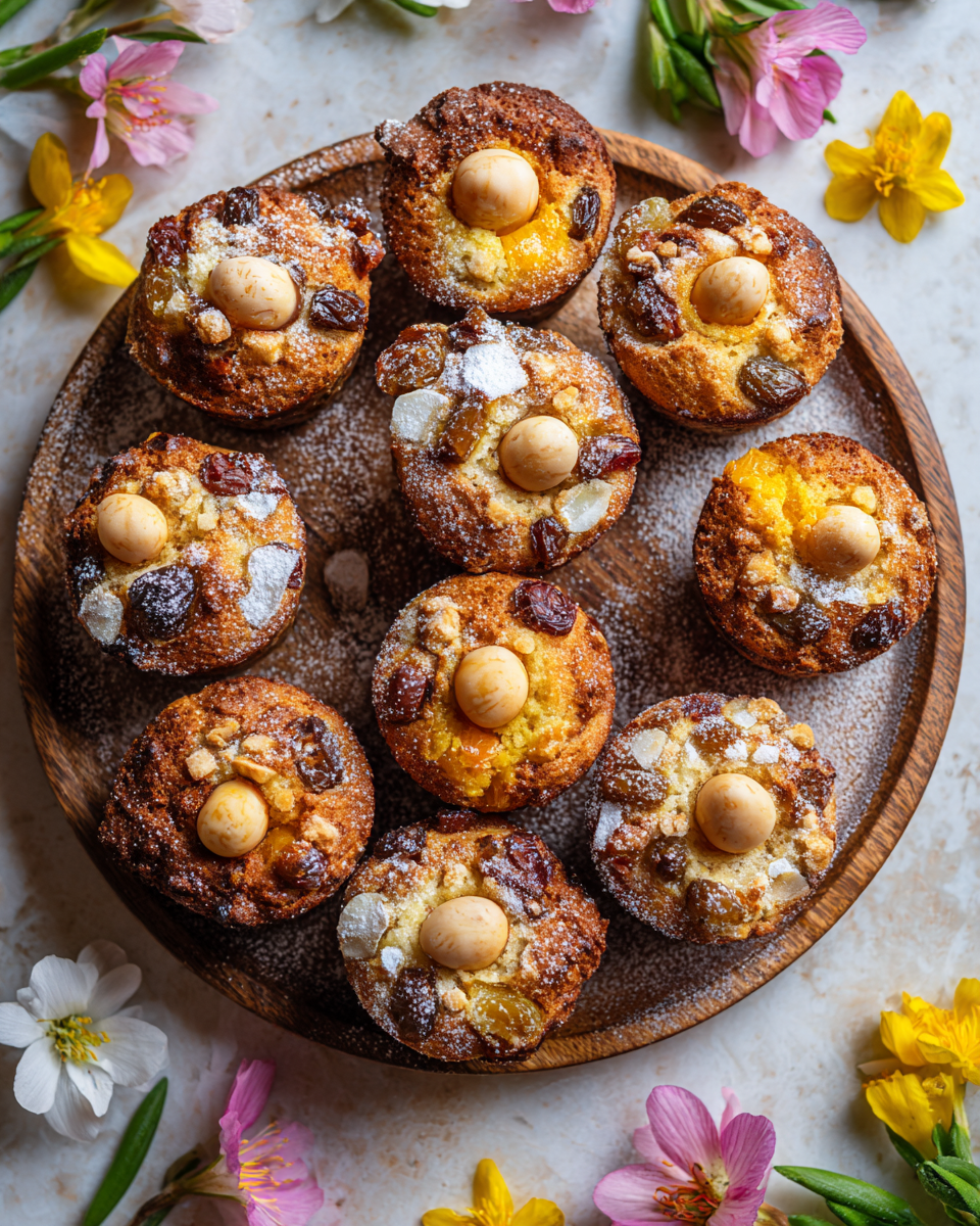 Muffins Simnel irrésistibles garnis de pâte d'amande, parfaits pour Pâques, avec des saveurs de printemps.