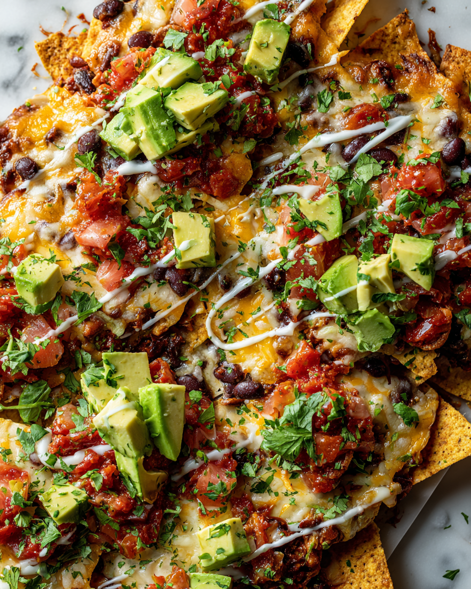 Nachos Reggae Reggae croustillants garnis de fromage, haricots noirs et salsa, idéals pour les fêtes.