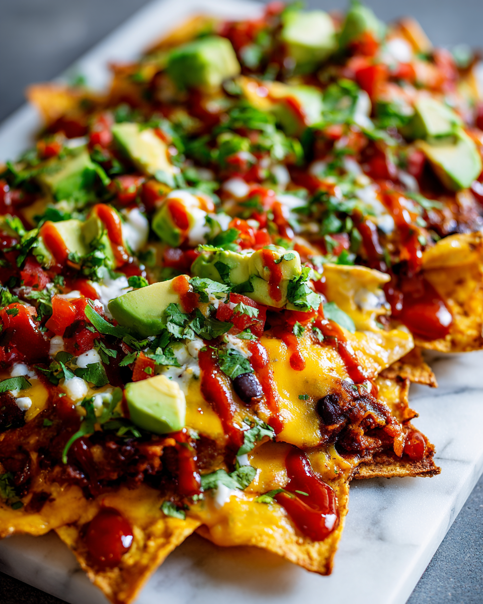 Nachos Reggae Reggae croustillants garnis de fromage, haricots noirs et salsa, idéals pour les fêtes.