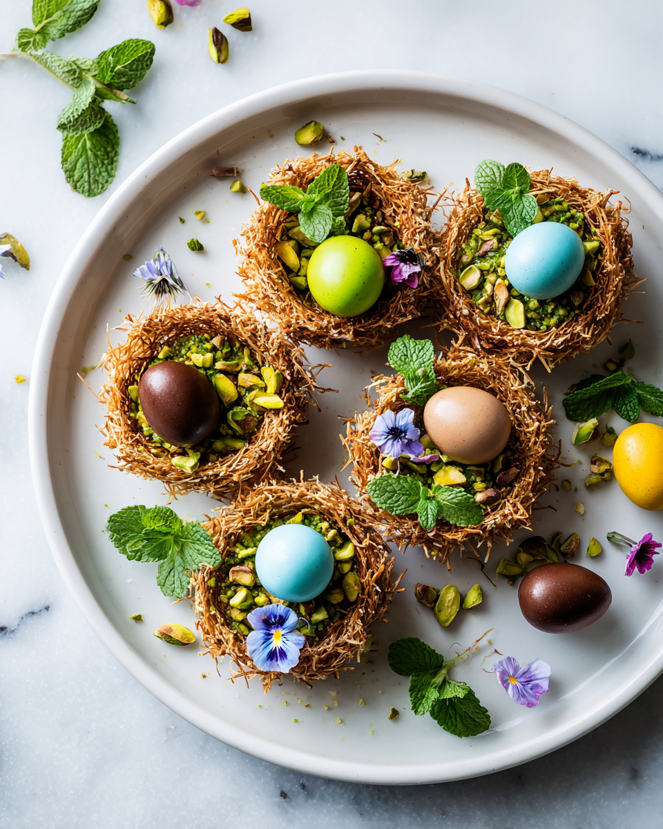 Nids de pistache décorés pour Pâques, une pâtisserie printanière délicieuse et festive.