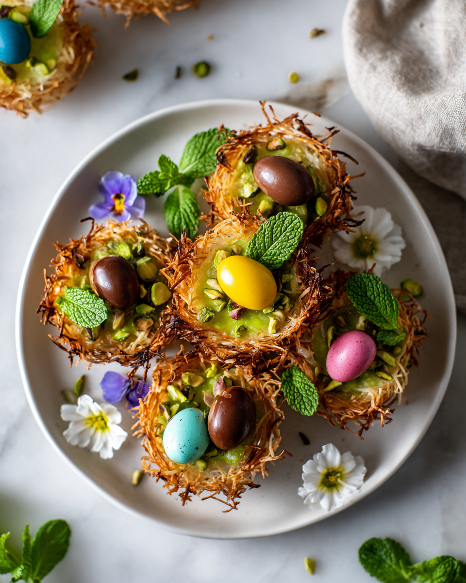 Nids de pistache décorés pour Pâques, une pâtisserie printanière délicieuse et festive.