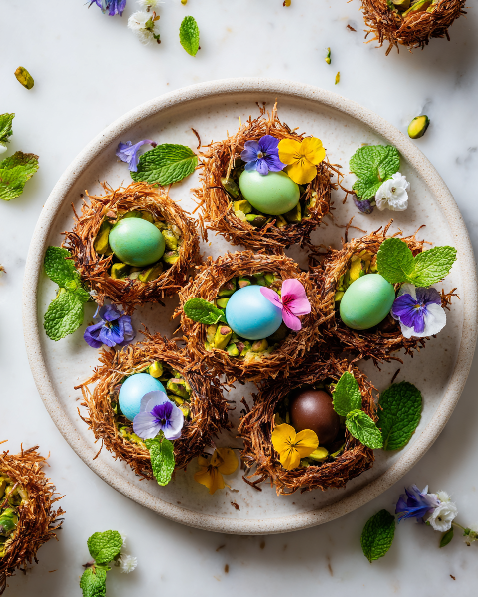 Nids de pistache décorés pour Pâques, une pâtisserie printanière délicieuse et festive.