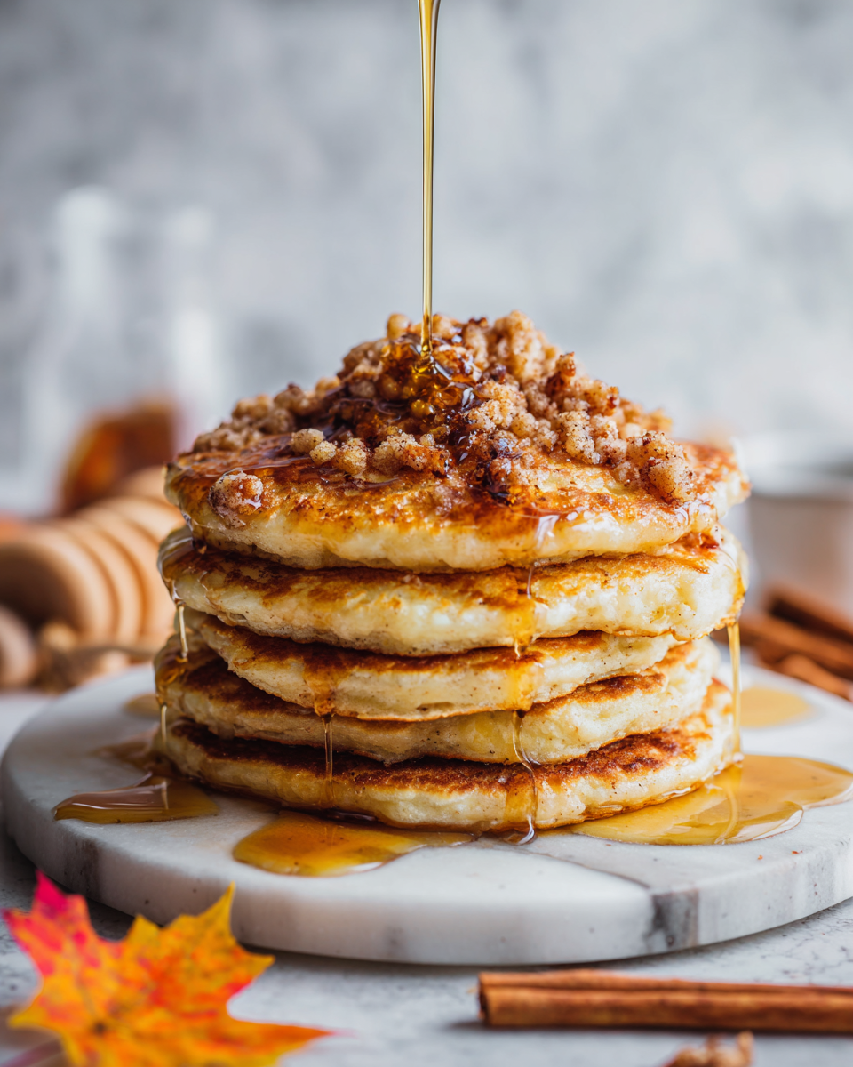 Pancakes moelleux au sucre brun et à la cannelle avec streusel croustillant pour un petit-déjeuner réconfortant.