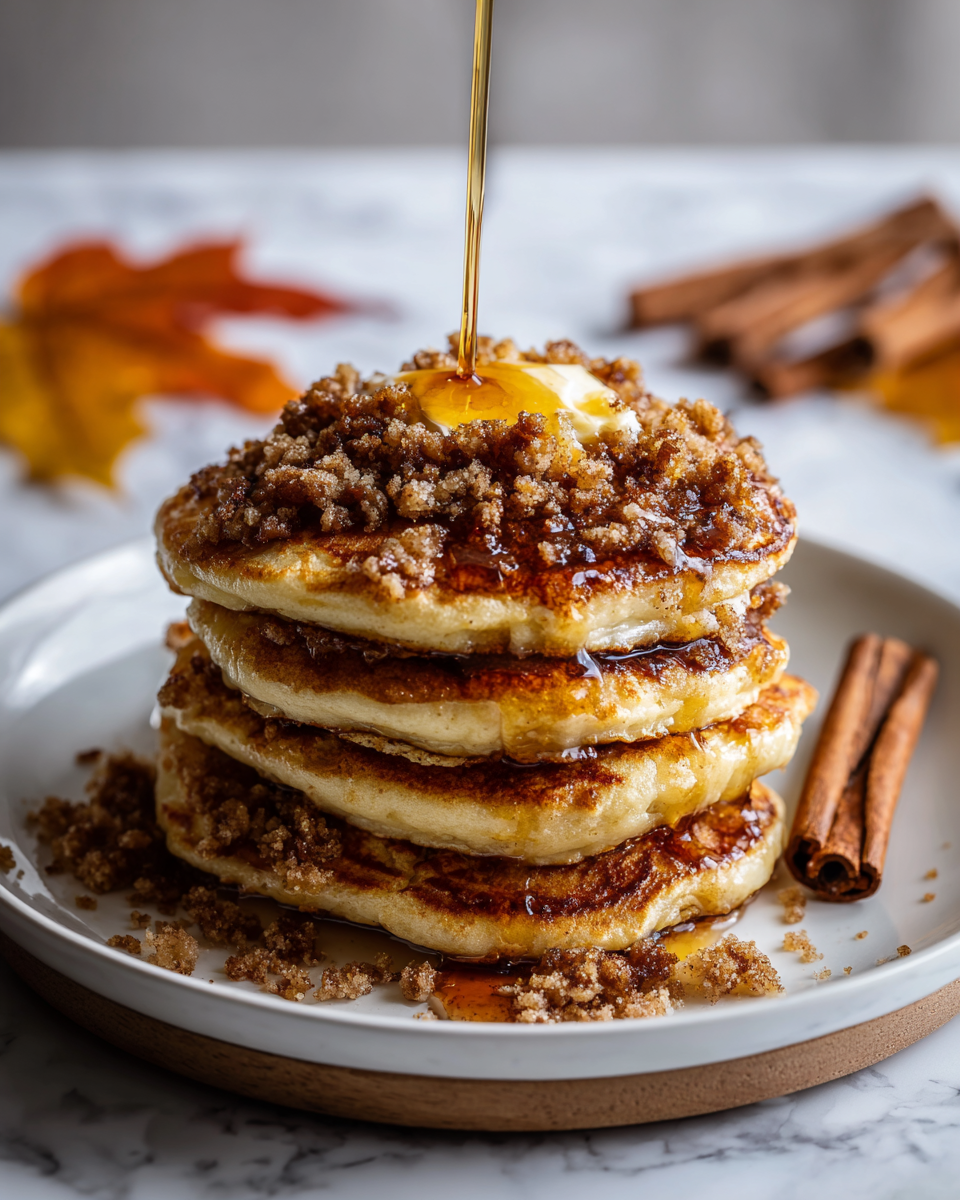 Pancakes moelleux au sucre brun et à la cannelle avec streusel croustillant pour un petit-déjeuner réconfortant.
