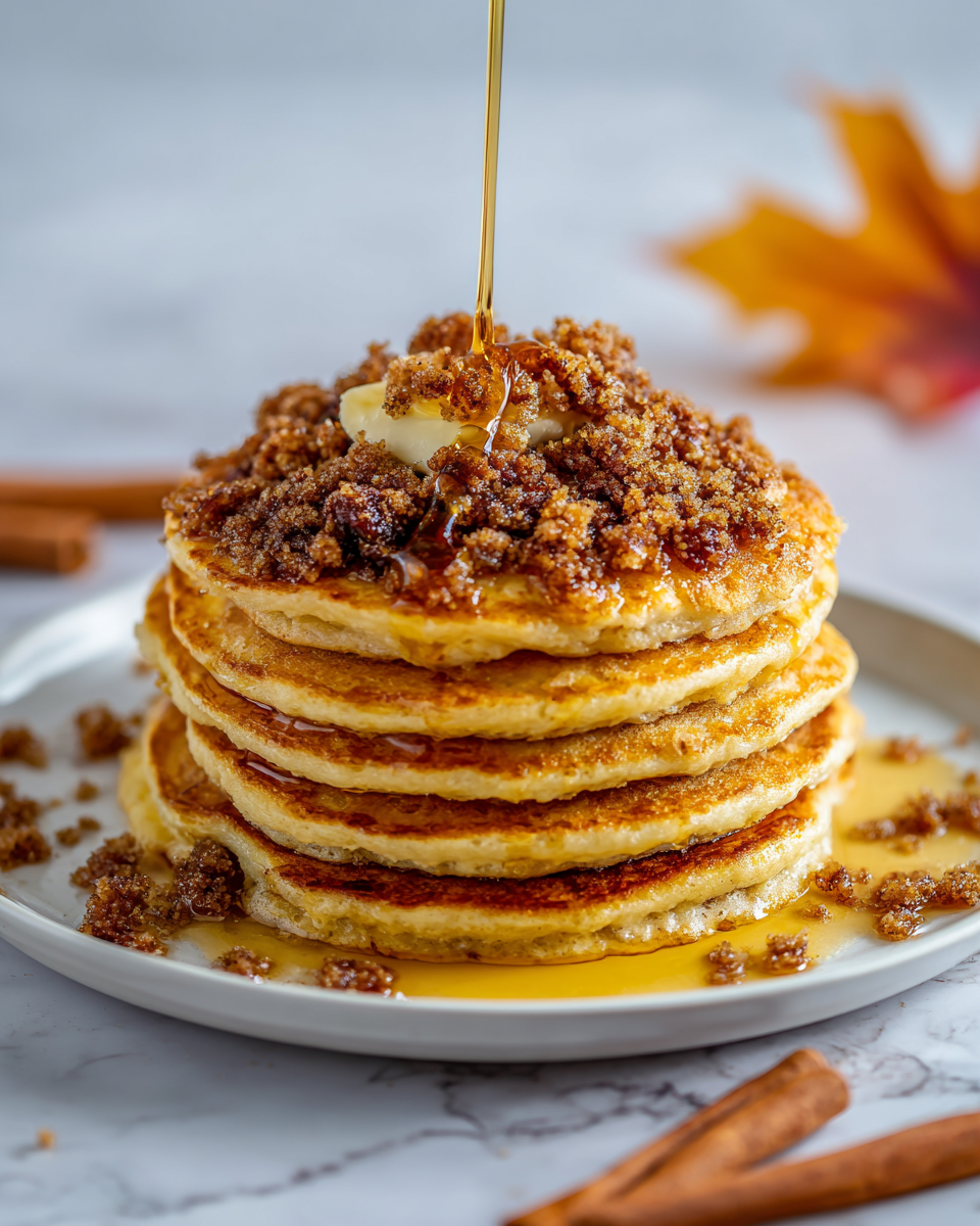 Pancakes moelleux au sucre brun et à la cannelle avec streusel croustillant pour un petit-déjeuner réconfortant.