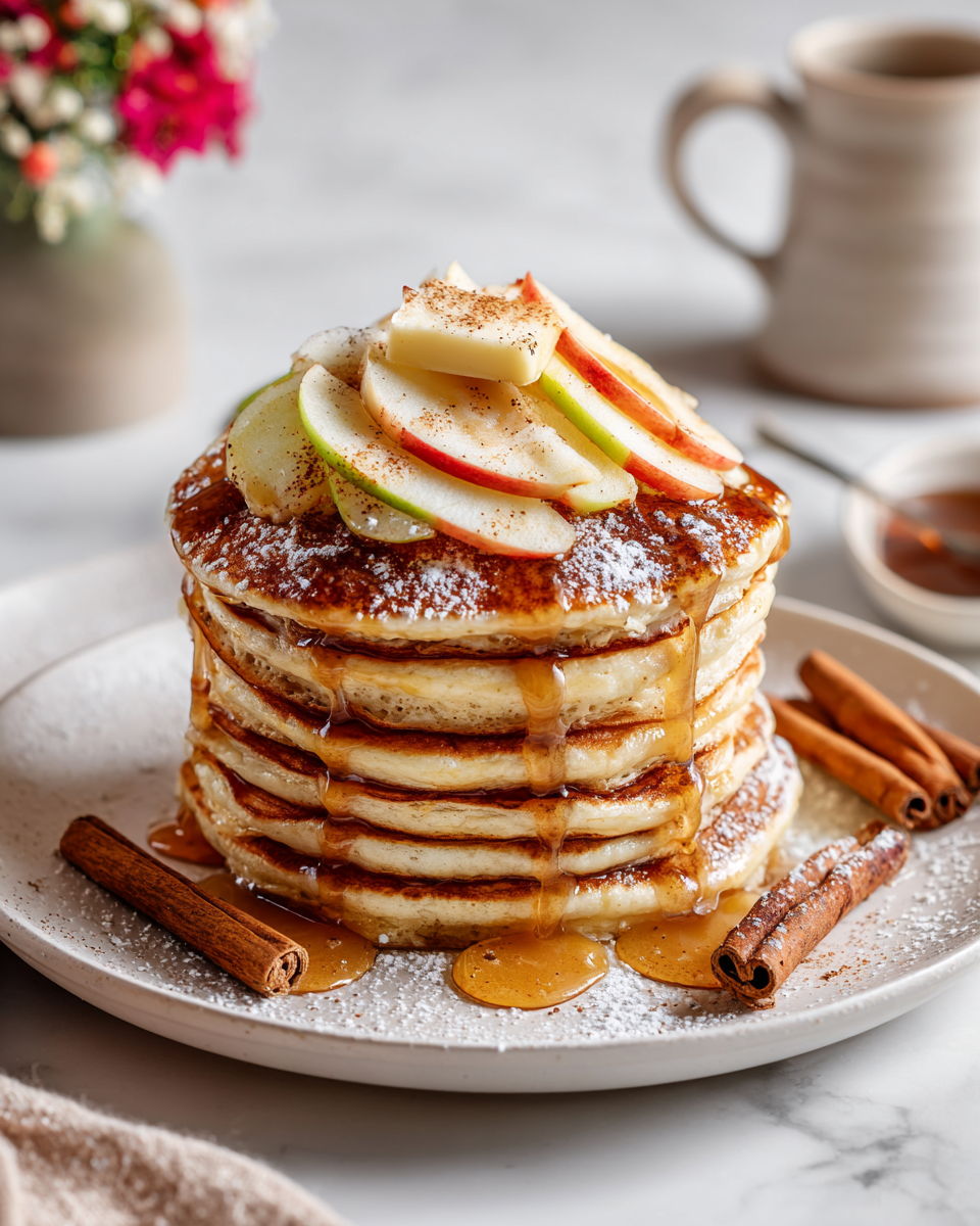 Pancakes moelleux au sucre brun et cannelle, parfaits pour un brunch d'automne, garnis de fruits frais et de sirop d'érable.
