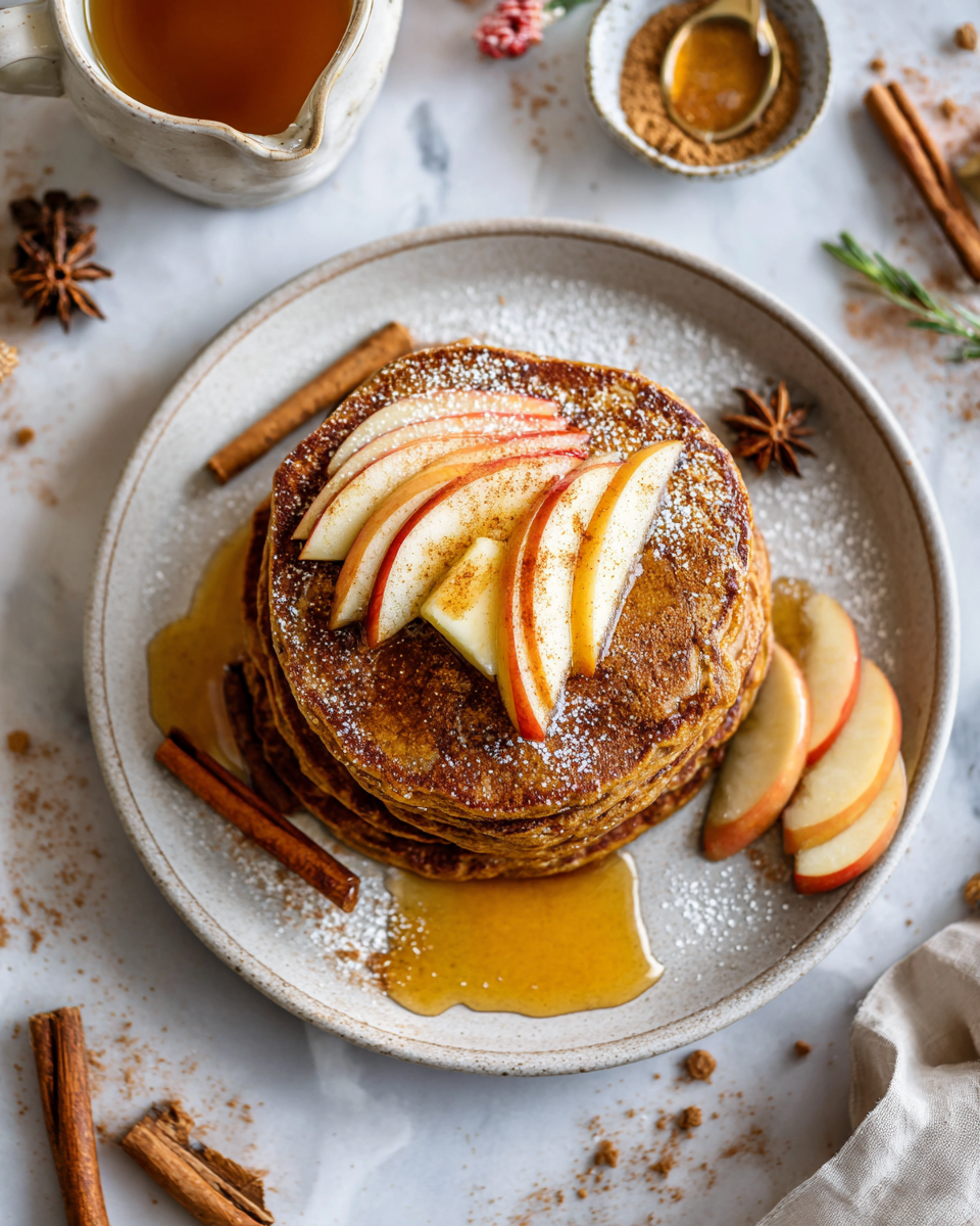 Pancakes moelleux au sucre brun et cannelle, parfaits pour un brunch d'automne, garnis de fruits frais et de sirop d'érable.