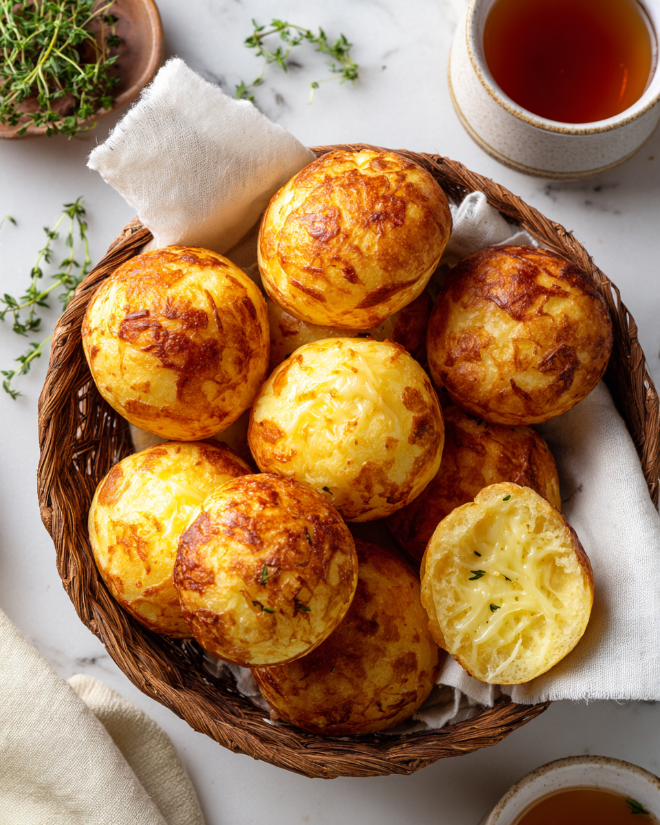 Pão de queijo : petits pains au fromage brésiliens, chauds et moelleux, parfaits pour partager lors des fêtes.