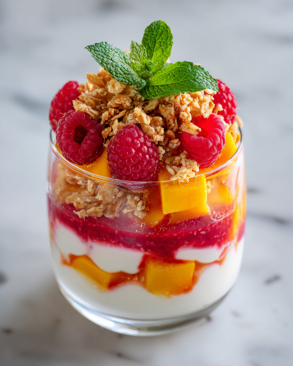 Parfait de yaourt à la framboise et mangue, dessert léger et frais, parfait pour le brunch, avec des agréments croquants.