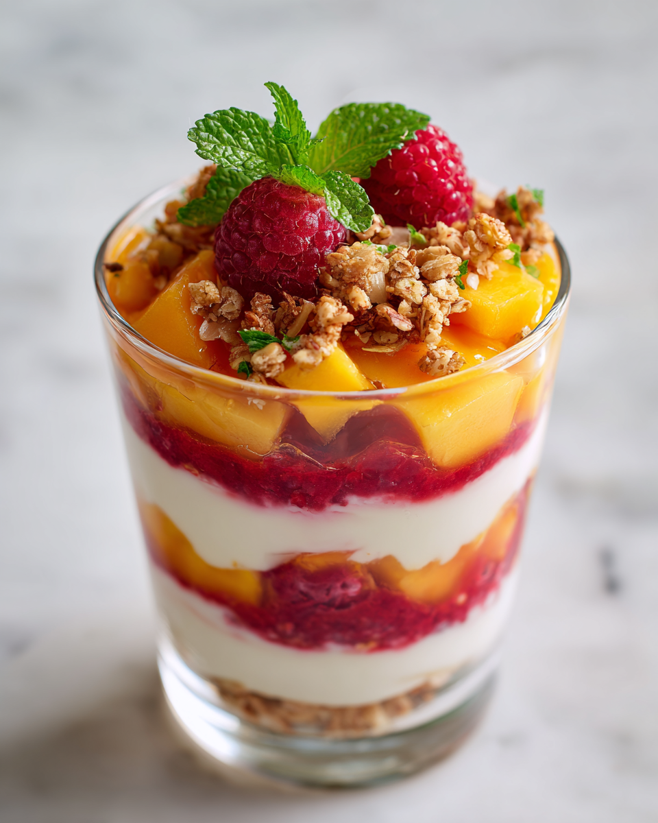 Parfait de yaourt à la framboise et mangue, dessert léger et frais, parfait pour le brunch, avec des agréments croquants.