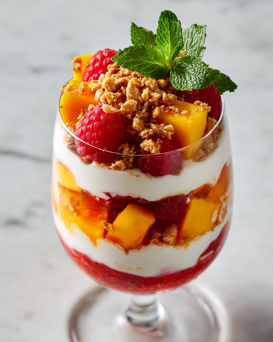 Parfait de yaourt à la framboise et mangue, dessert léger et frais, parfait pour le brunch, avec des agréments croquants.