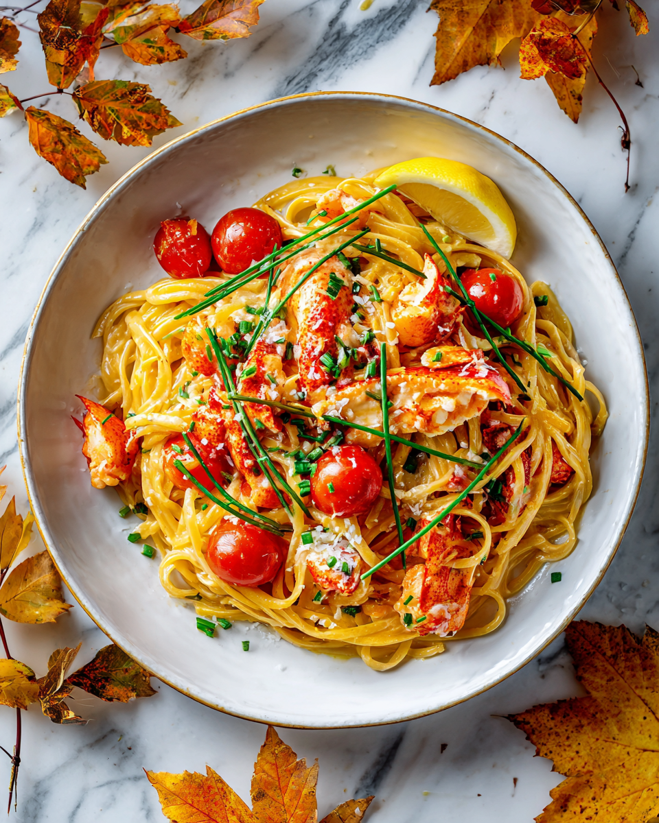 Recette de pâtes au homard, plat d'automne luxueux et réconfortant, facile à préparer en 30 minutes pour 4 personnes.