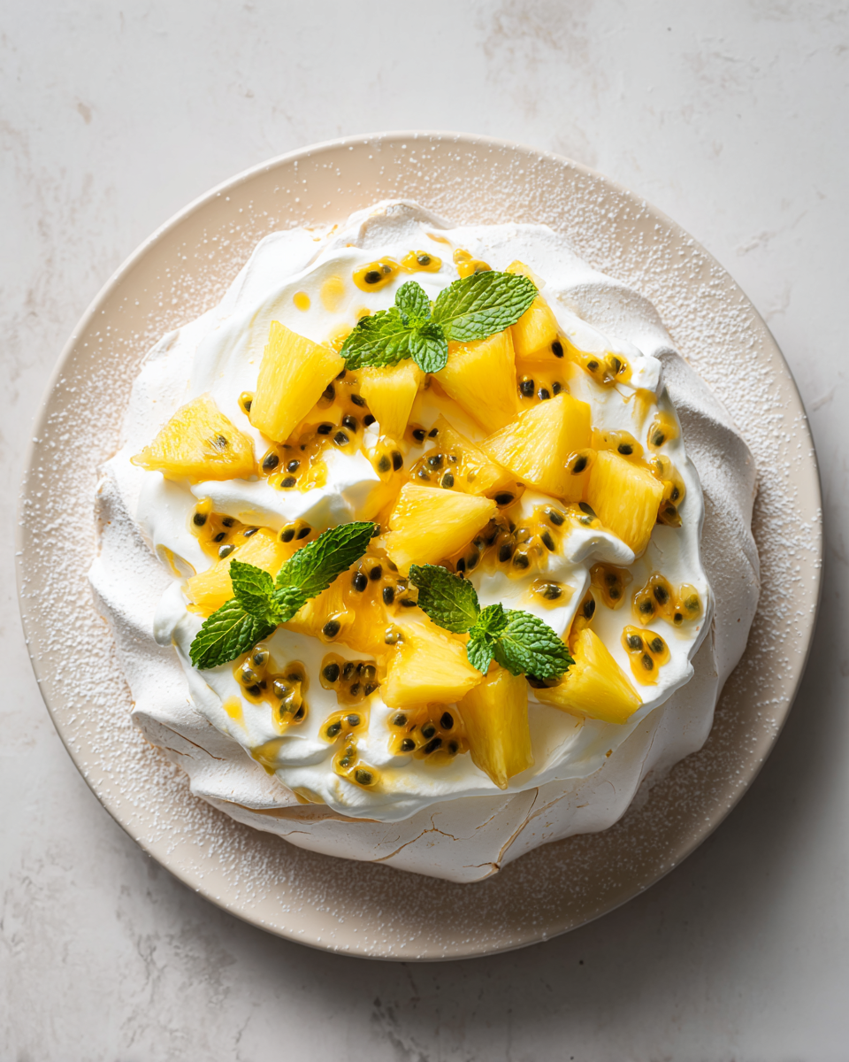 Pavlova légère à la vanille avec garniture d'ananas frais et fruits de la passion, dessert printanier