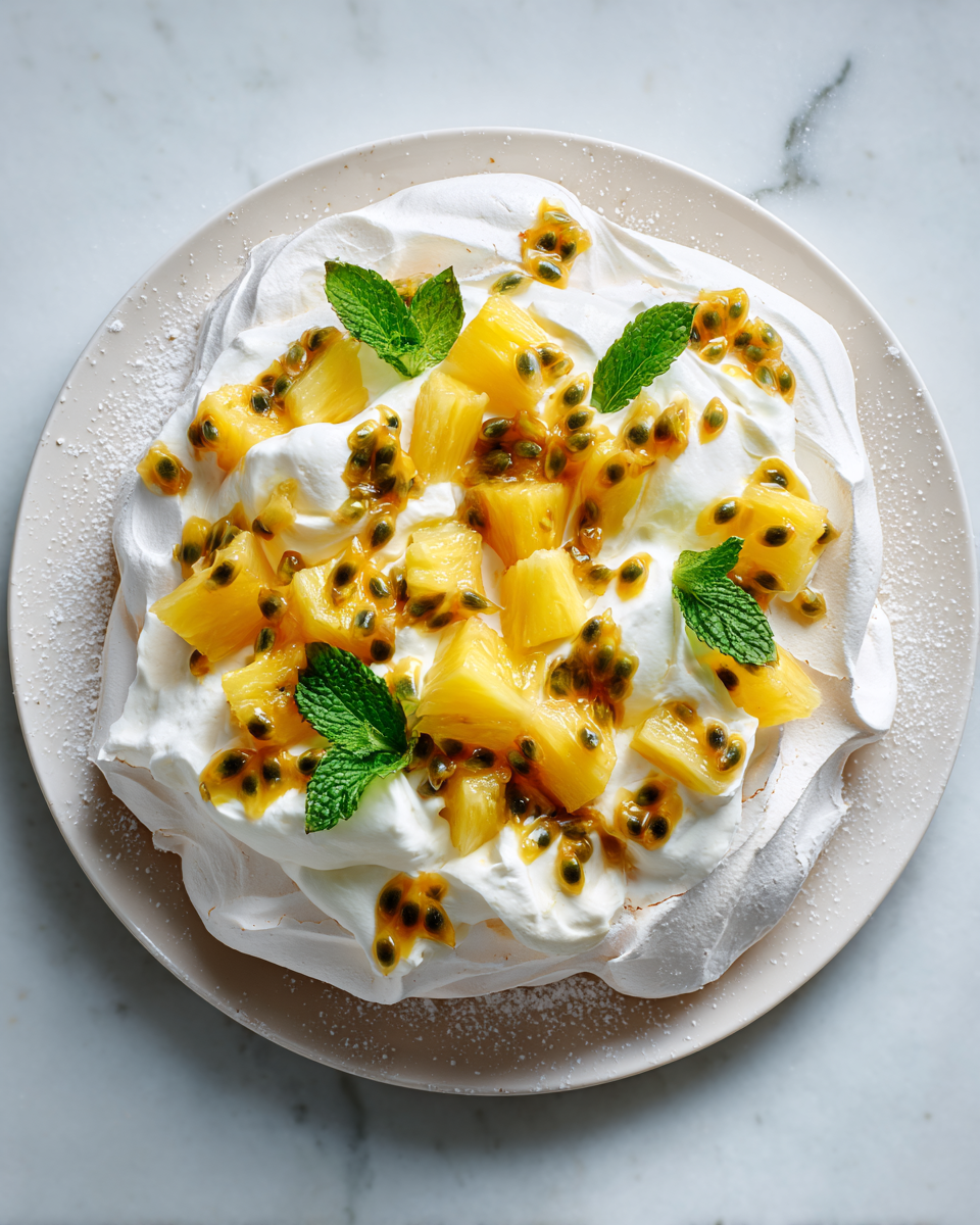 Découvrez la Pavlova à la vanille et ananas Pavlova légère à la vanille avec garniture d'ananas frais et fruits de la passion, dessert printanier