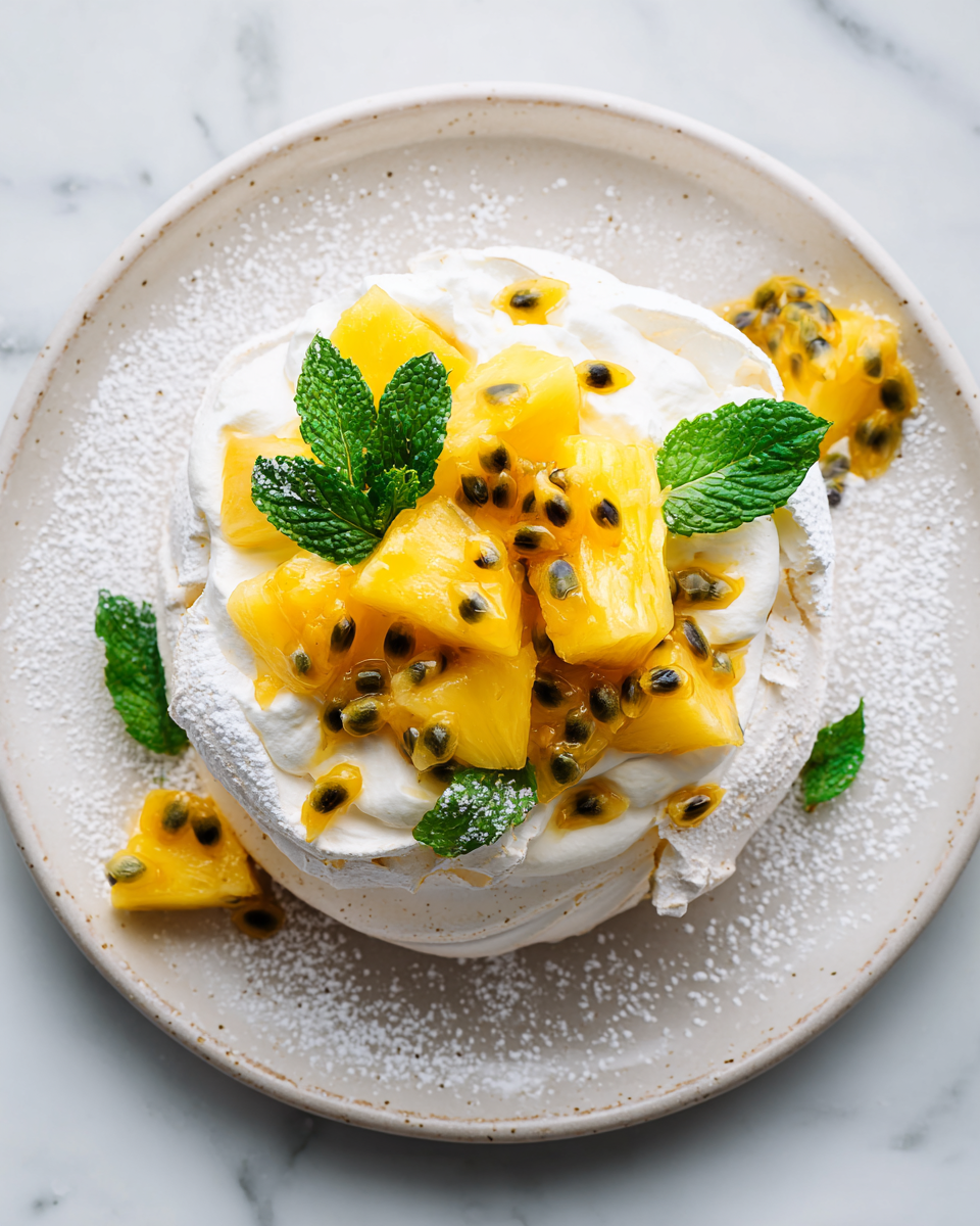 Découvrez la Pavlova à la vanille et ananas Pavlova légère à la vanille avec garniture d'ananas frais et fruits de la passion, dessert printanier