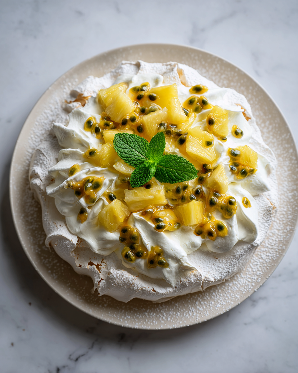 Découvrez la Pavlova à la vanille et ananas Pavlova légère à la vanille avec garniture d'ananas frais et fruits de la passion, dessert printanier