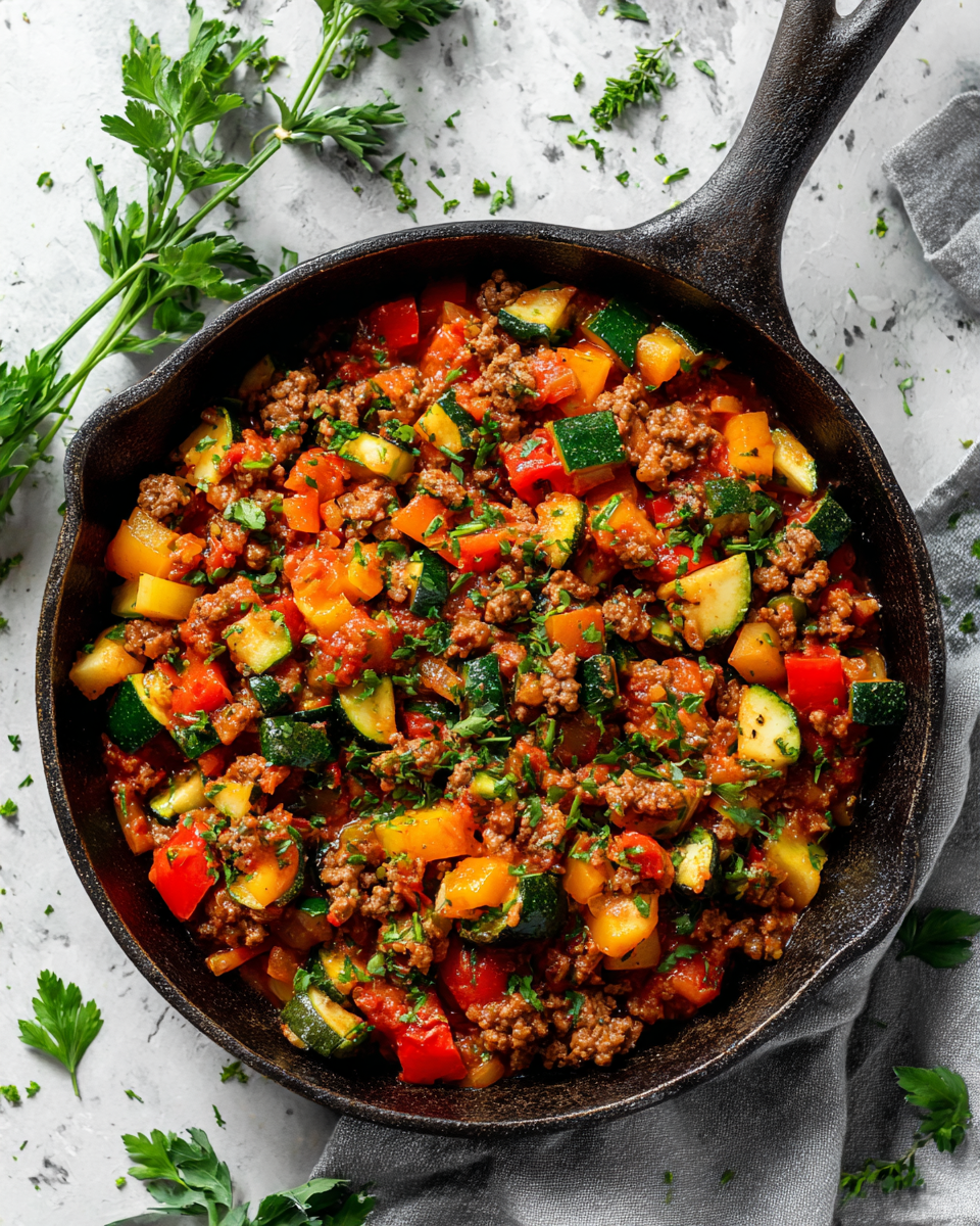 poêlon copieux de bœuf haché et légumes, plat réconfortant automnal, recette rapide et savoureuse