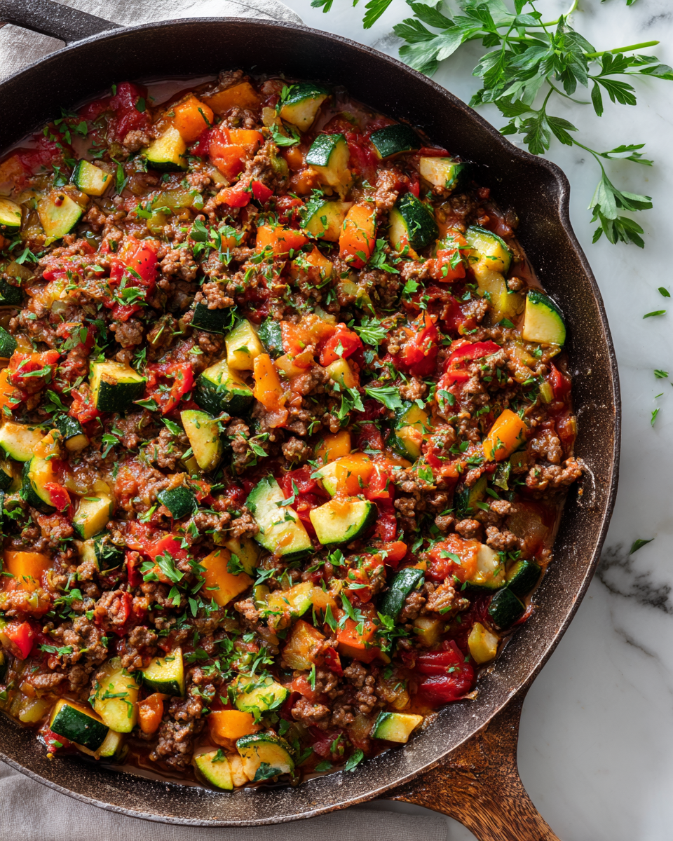 poêlon copieux de bœuf haché et légumes, plat réconfortant automnal, recette rapide et savoureuse