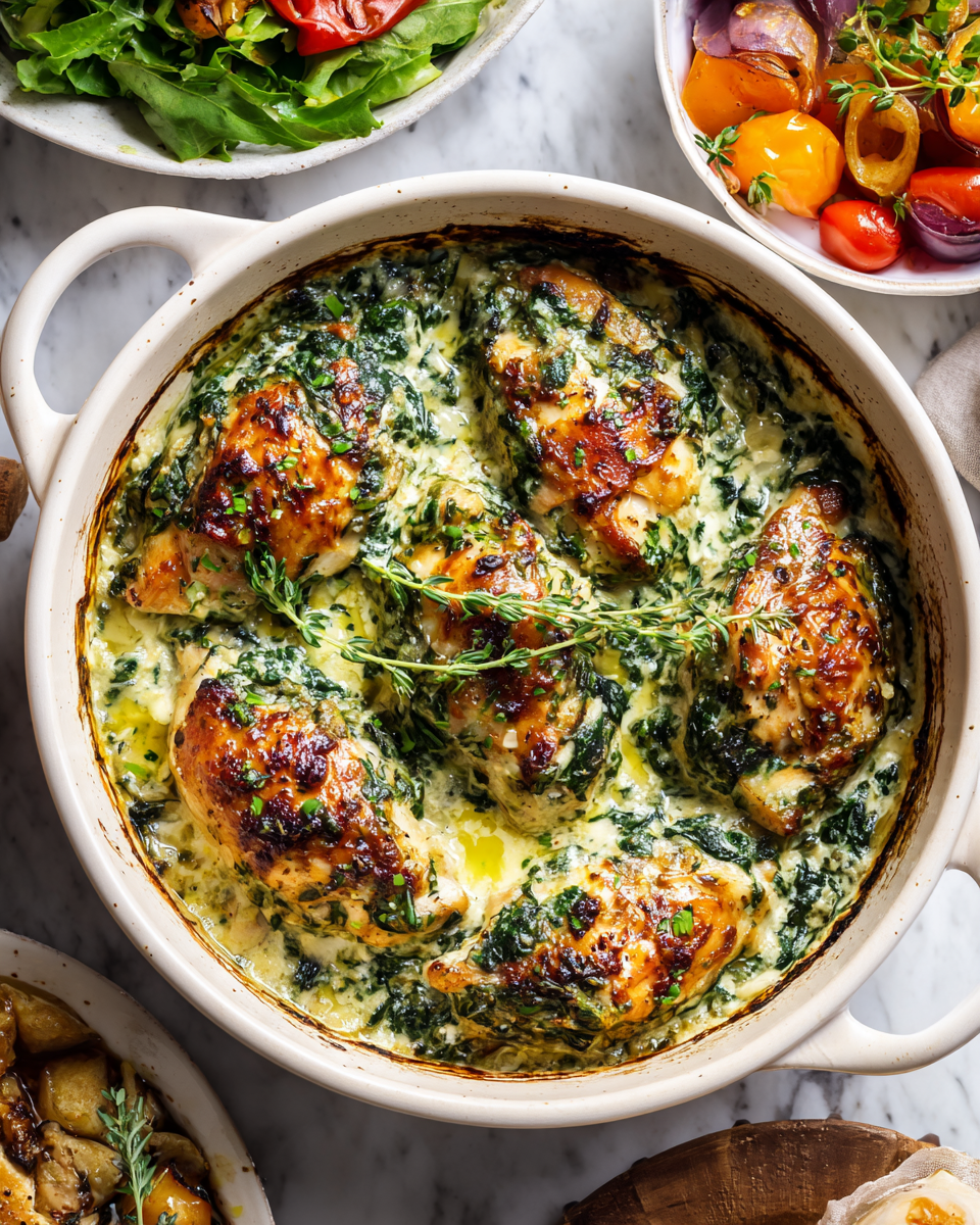 Poulet farci aux épinards crémeux, plat réconfortant à base de poulet bio, épinards frais et fromage à la crème.