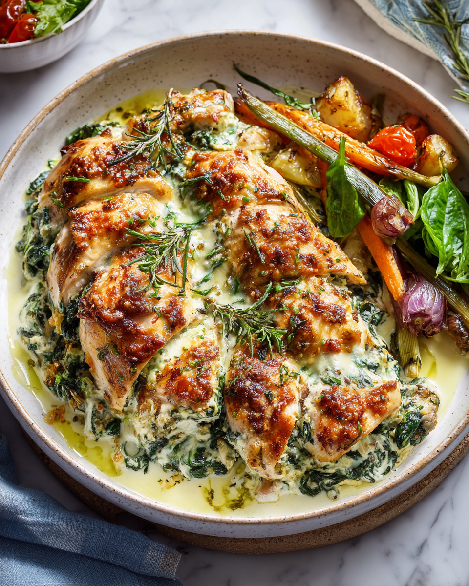 Poulet farci aux épinards crémeux, plat réconfortant à base de poulet bio, épinards frais et fromage à la crème.