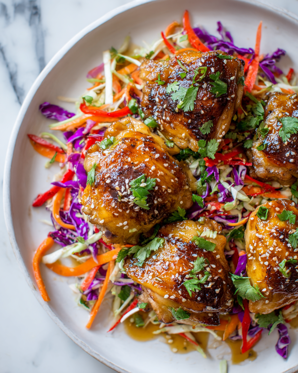 Poulet au miel et à l'ail avec salade asiatique croquante, plat rapide et savoureux