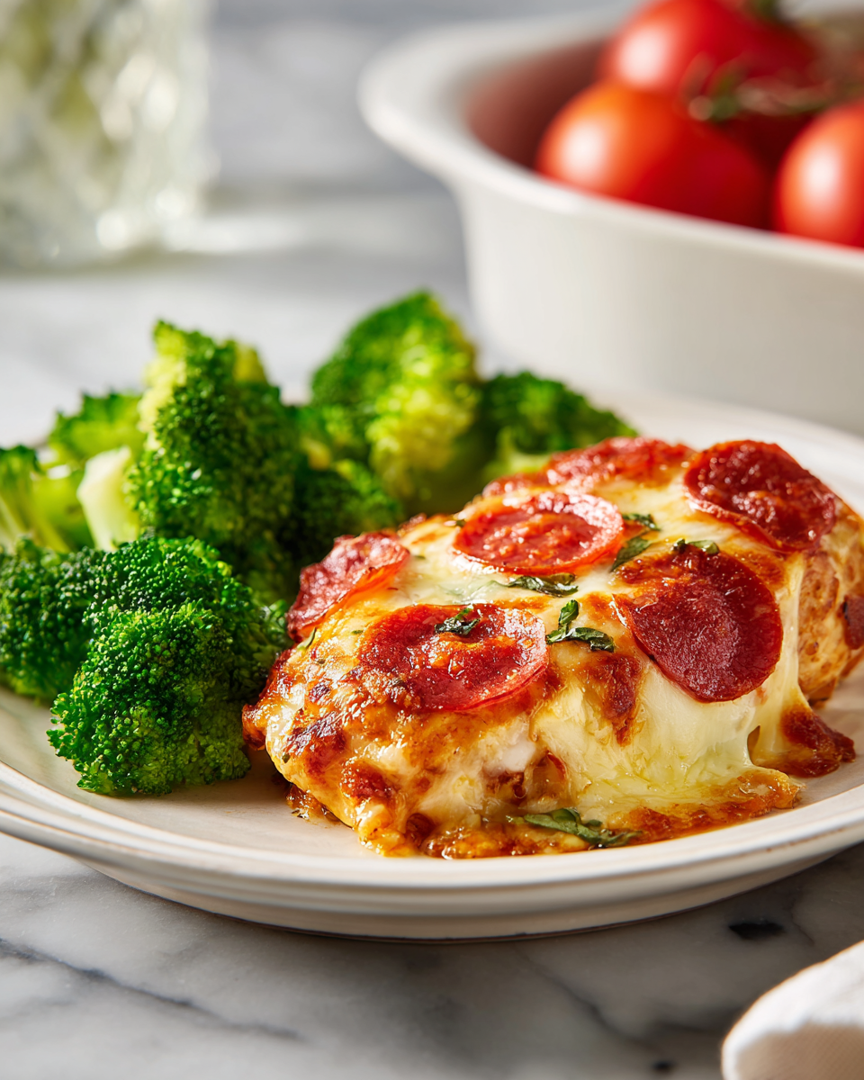 Savoureux poulet au pepperoni cuit au four avec brocoli vapeur