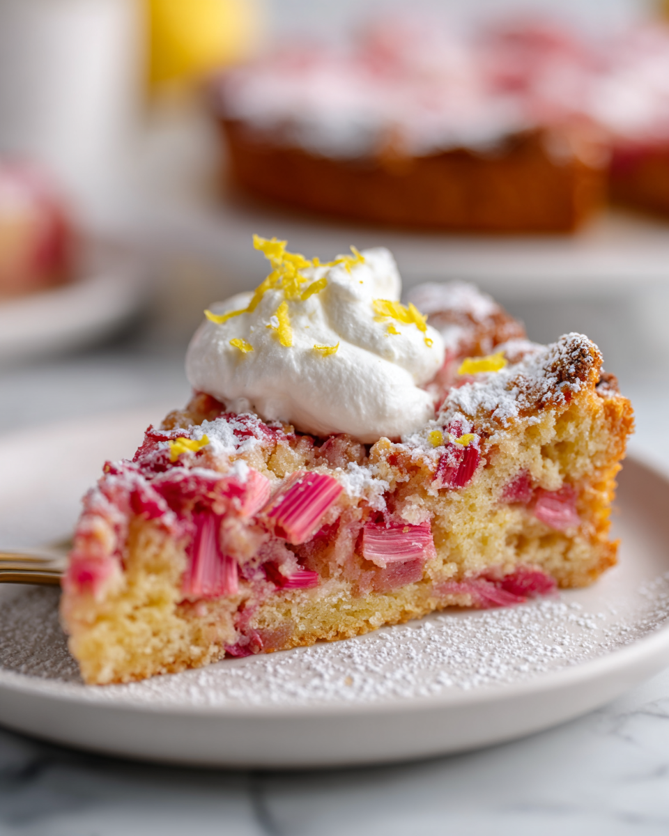Rhubarb Buckle Savoureux pour le Printemps Délicieux Rhubarb Buckle avec rhubarbe fraîche, un dessert printanier facile à partager lors de la Fête des Mères.