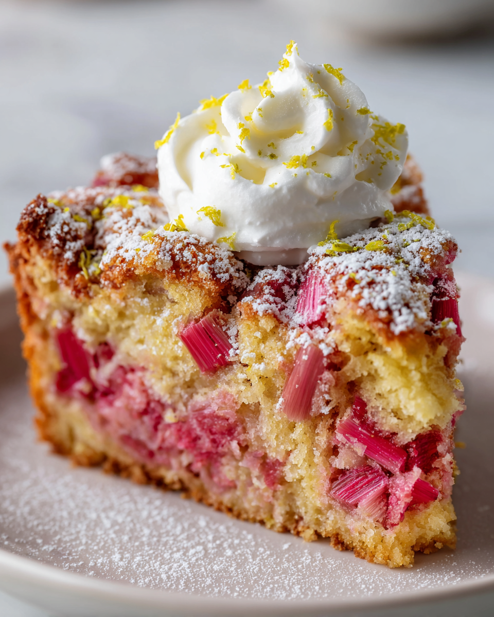 Rhubarb Buckle Savoureux pour le Printemps Délicieux Rhubarb Buckle avec rhubarbe fraîche, un dessert printanier facile à partager lors de la Fête des Mères.