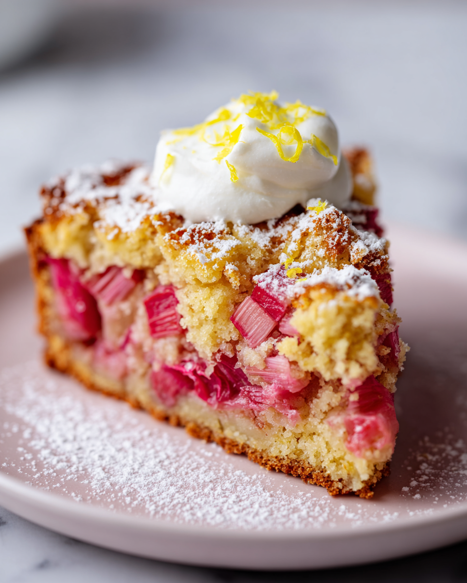 Rhubarb Buckle Savoureux pour le Printemps Délicieux Rhubarb Buckle avec rhubarbe fraîche, un dessert printanier facile à partager lors de la Fête des Mères.