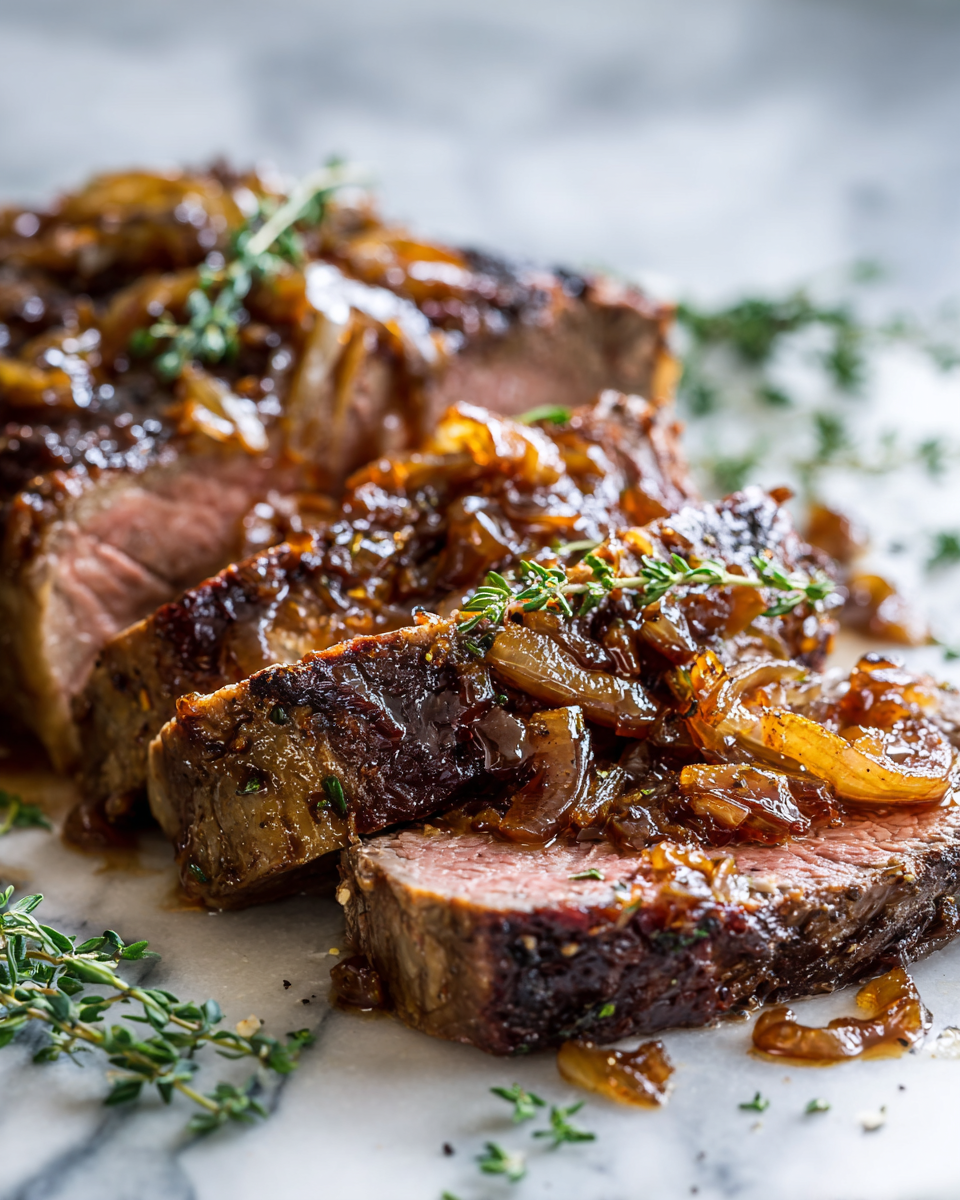 Rôti de boeuf juteux avec sauce aux oignons caramélisés, un plat réconfortant idéal pour l'automne.