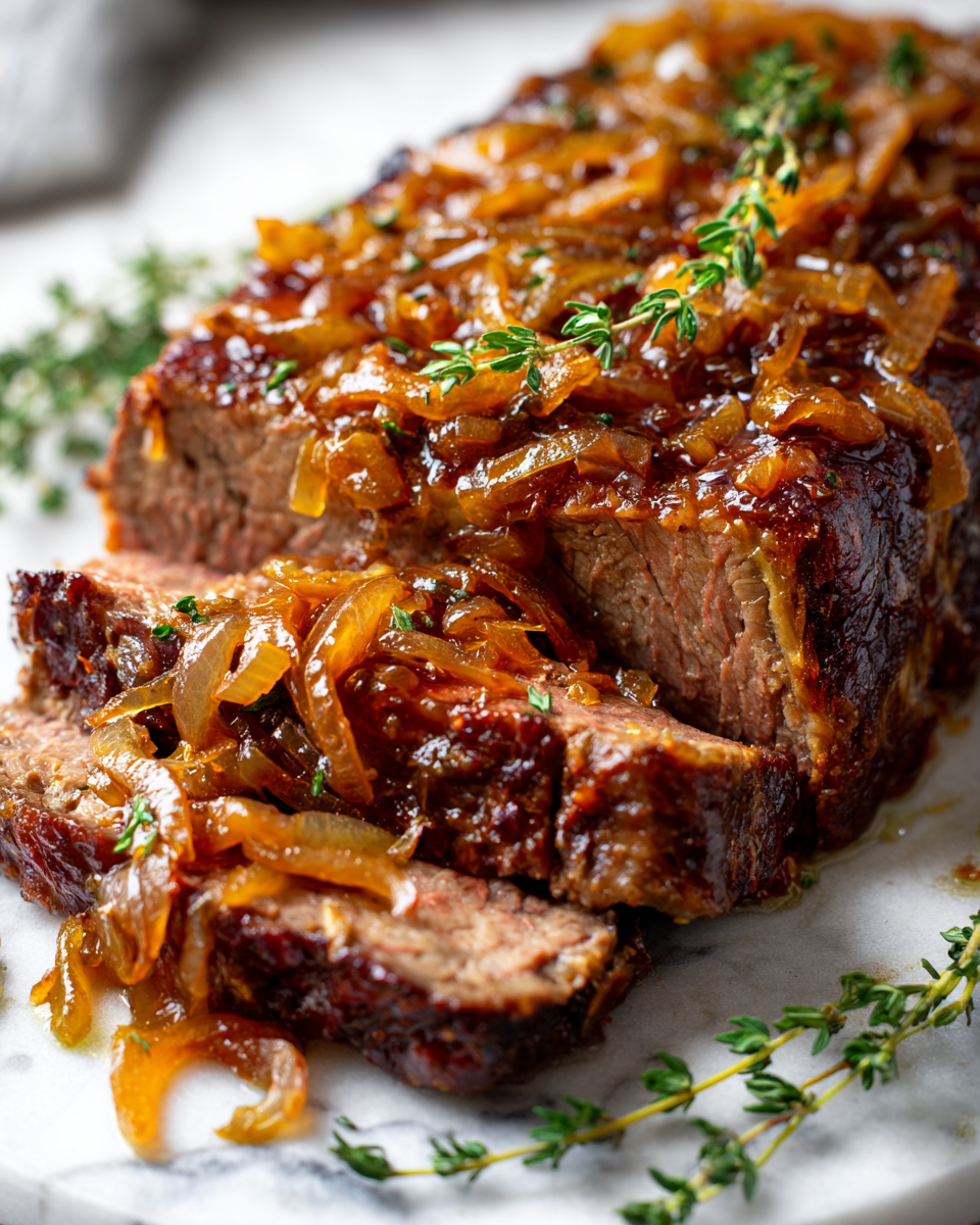 Rôti de boeuf juteux avec sauce aux oignons caramélisés, un plat réconfortant idéal pour l'automne.