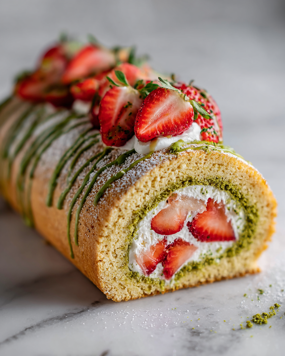 Roulade légère aux fraises et matcha, un dessert parfait pour l'automne, équilibrant saveurs terreuses et fruitées.