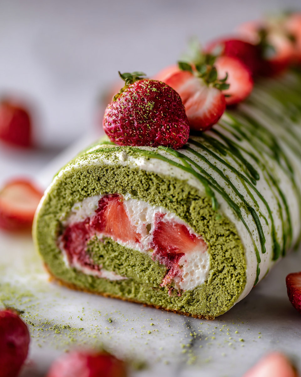 Roulade légère aux fraises et matcha, un dessert parfait pour l'automne, équilibrant saveurs terreuses et fruitées.