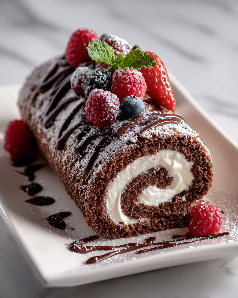 Roulé suisse au chocolat, dessert léger et élégant, idéale pour des rassemblements familiaux.