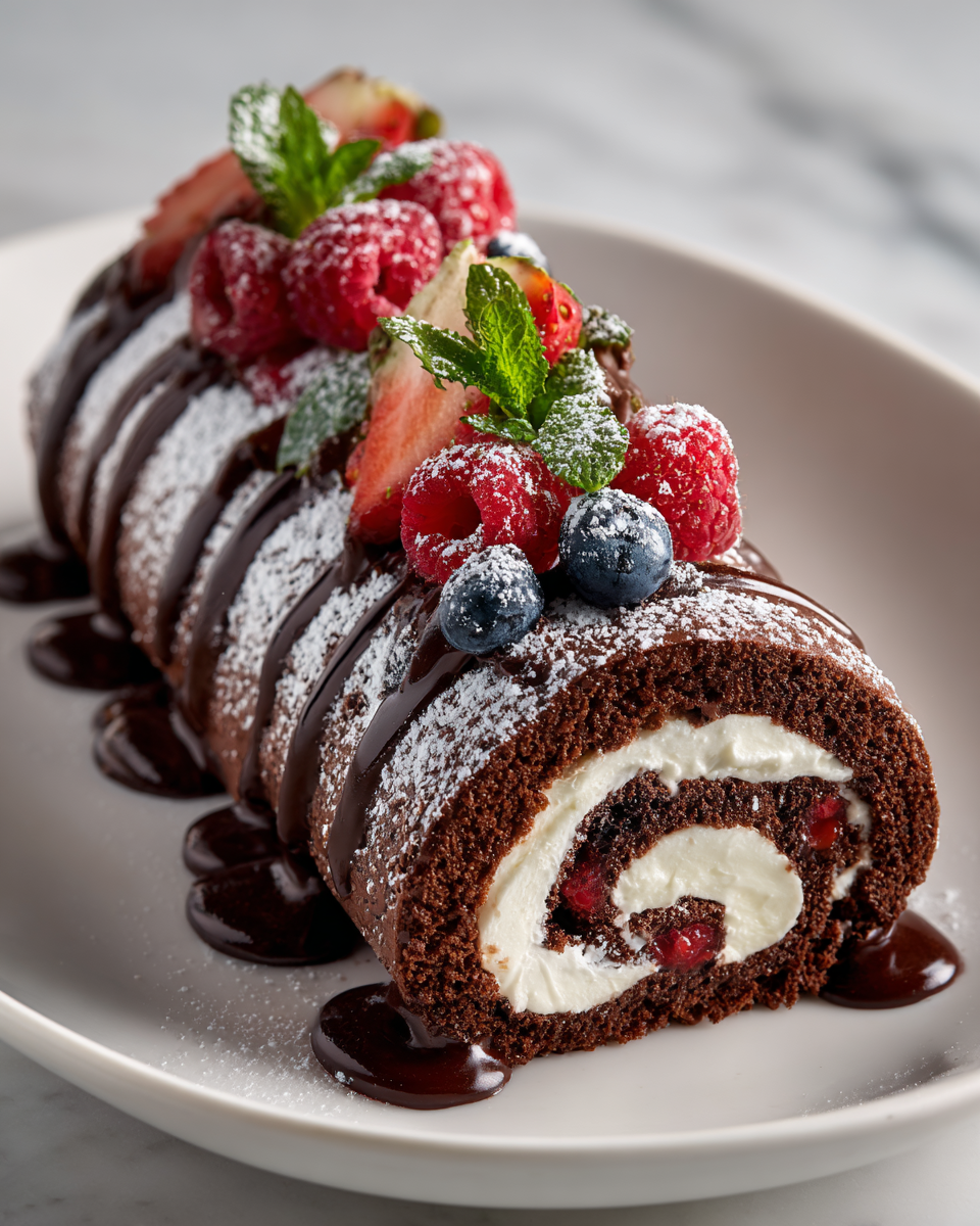 Roulé suisse au chocolat, dessert léger et élégant, idéale pour des rassemblements familiaux.