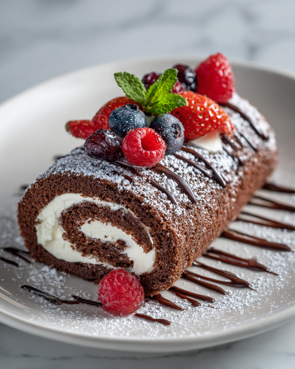 Roulé suisse au chocolat, dessert léger et élégant, idéale pour des rassemblements familiaux.