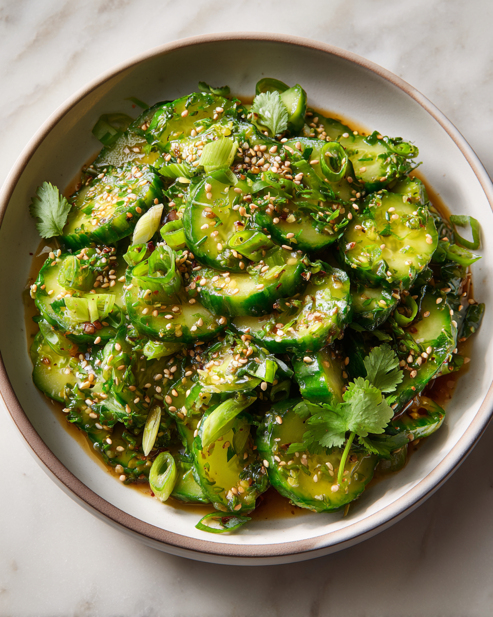 Salade de concombre smackée fraîche aux saveurs printanières, idéale pour vos repas en plein air.