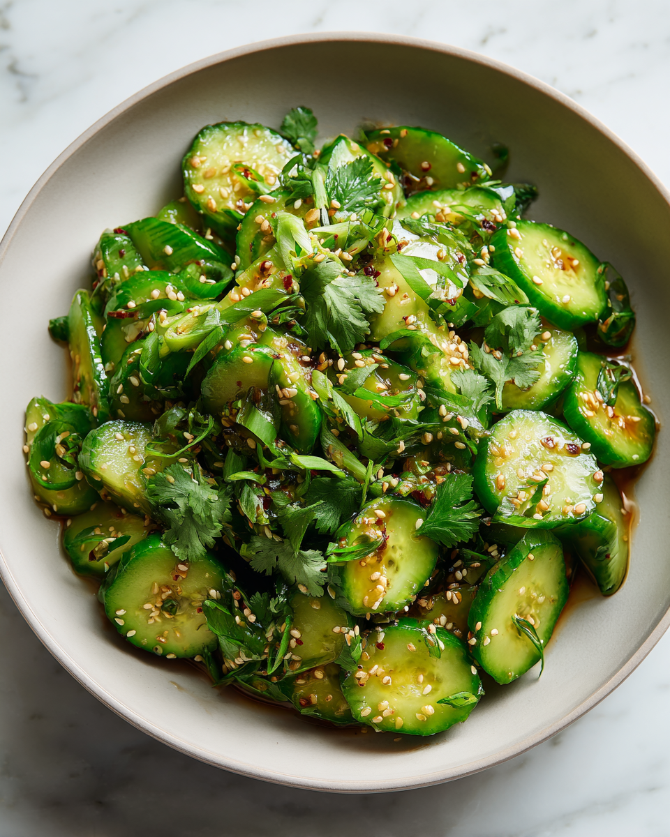 Salade de concombre smackée fraîche aux saveurs printanières, idéale pour vos repas en plein air.