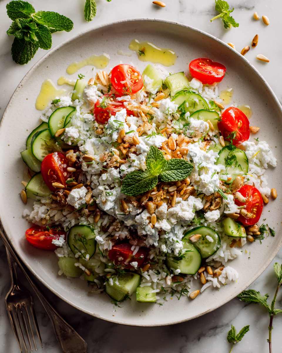 Salade de riz croustillante avec légumes frais et herbes aromatiques, parfaite pour les repas d'été et d'automne, rapide à préparer.