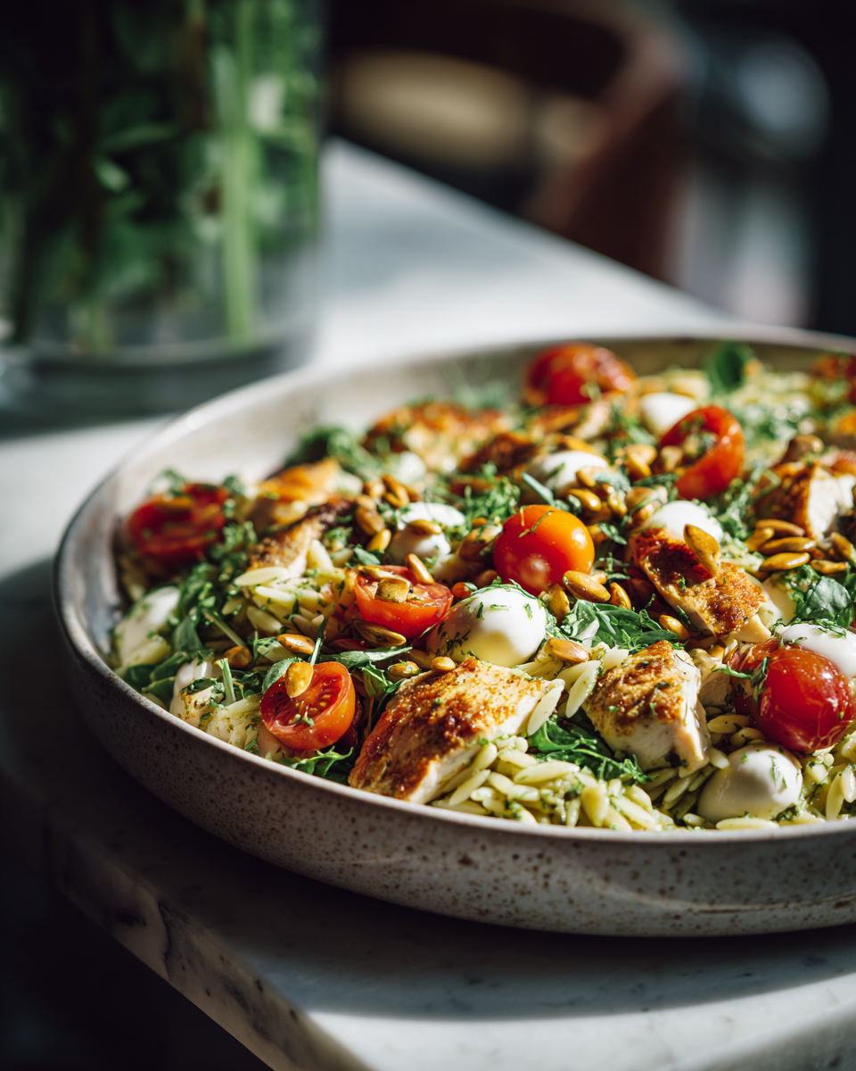 Salade Orzo Pesto au Poulet avec tomates cerises et mozzarella fraîche