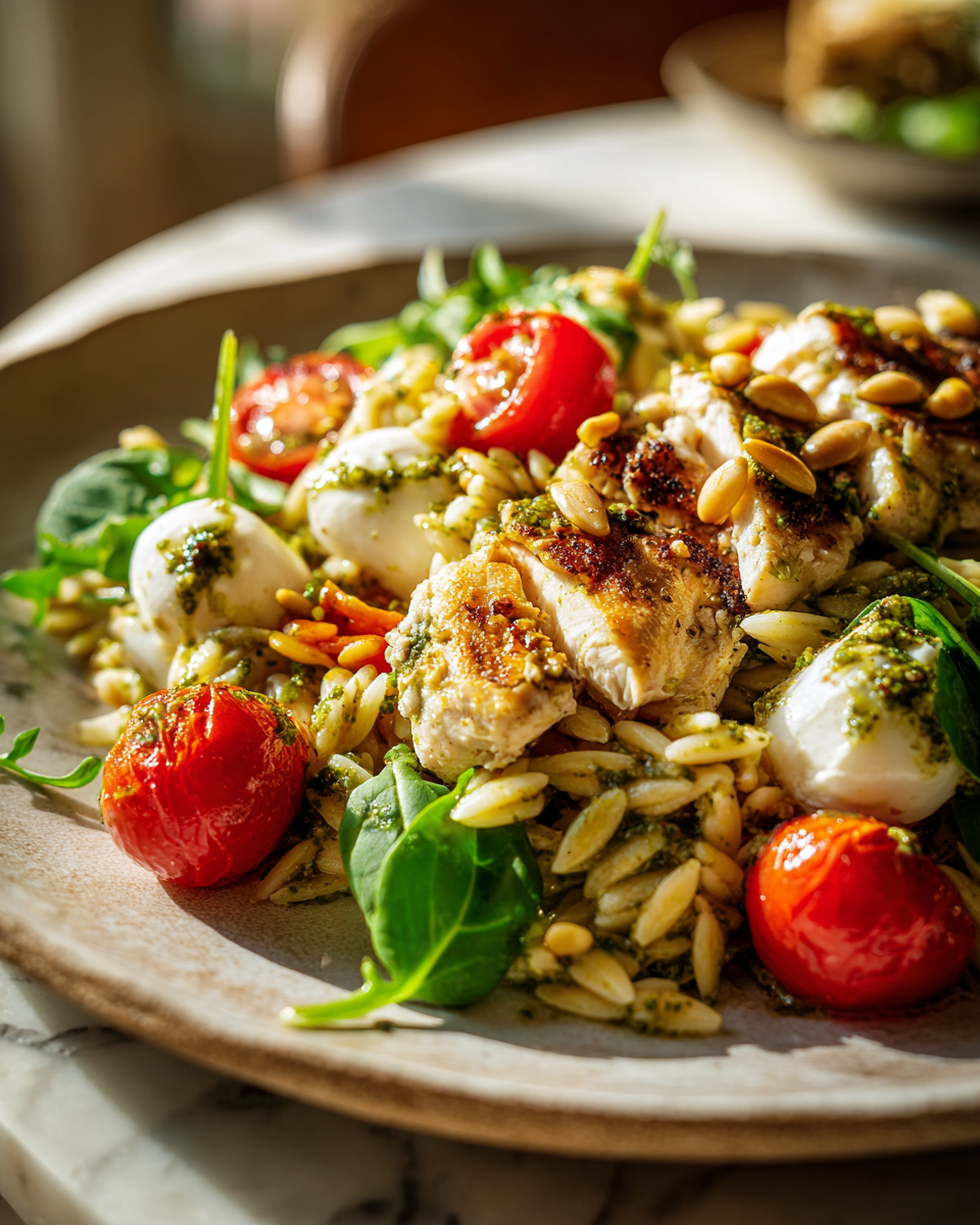 Salade Orzo Pesto au Poulet avec tomates cerises et mozzarella fraîche