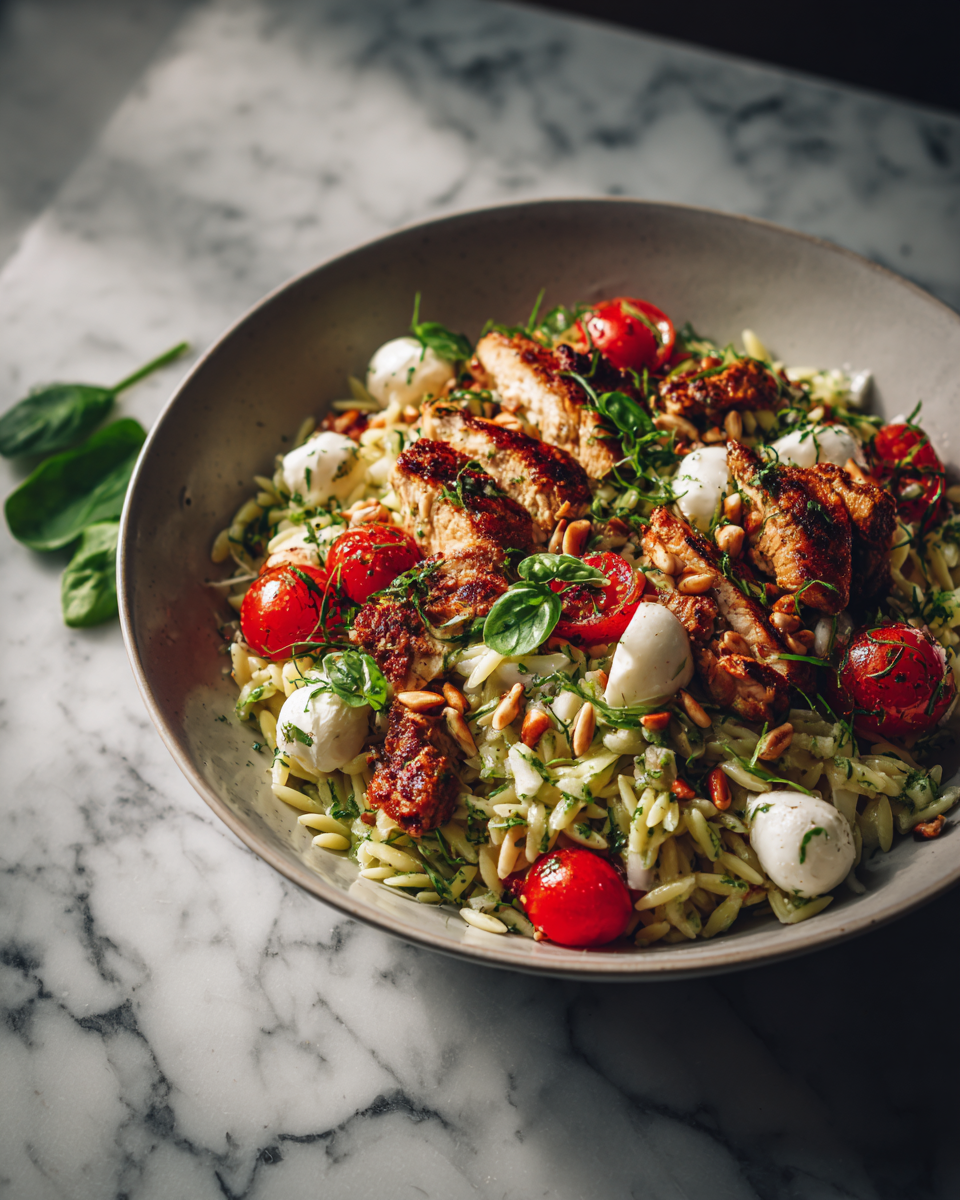 Salade Orzo Pesto au Poulet avec tomates cerises et mozzarella fraîche