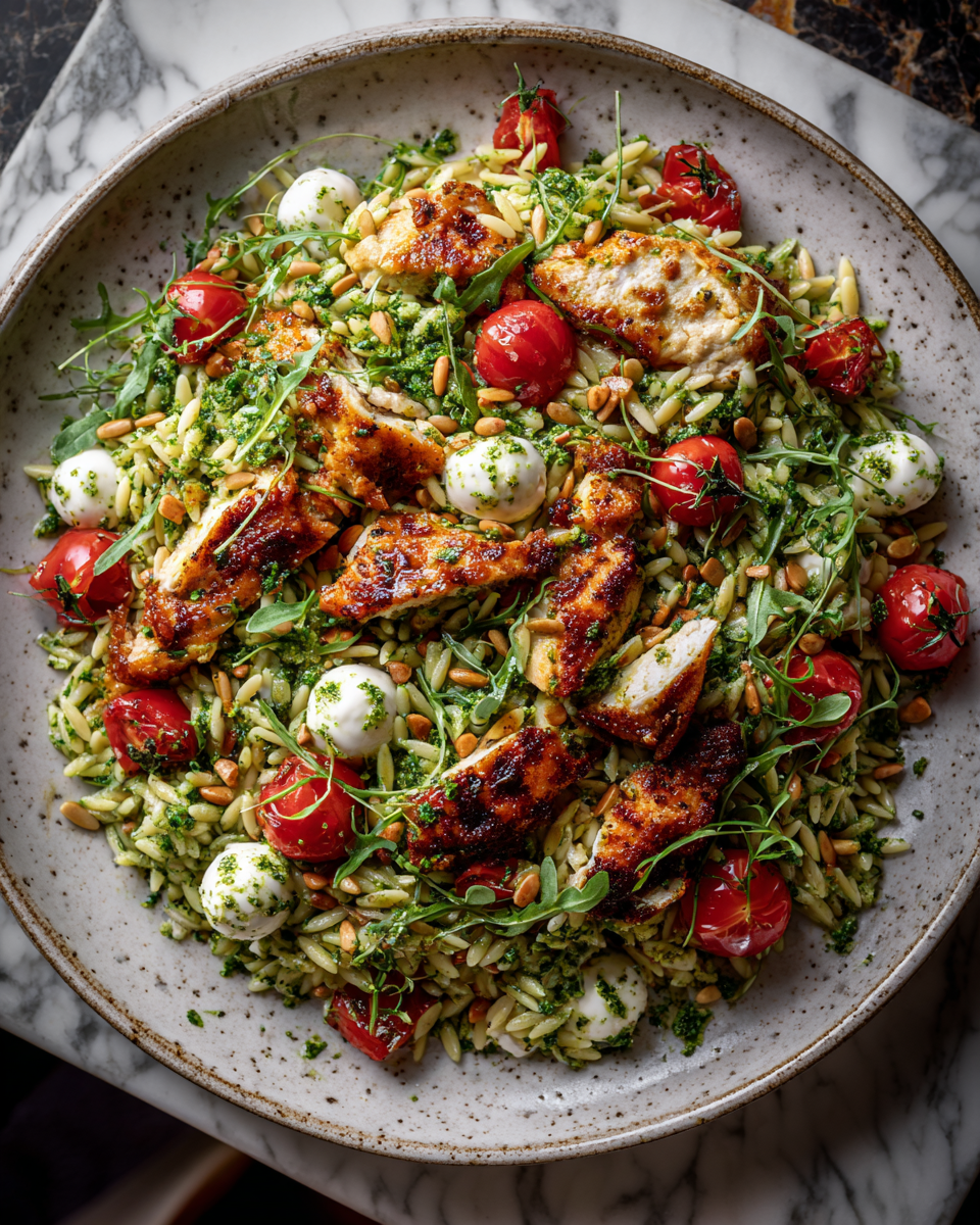 Salade Orzo Pesto au Poulet avec tomates cerises et mozzarella fraîche