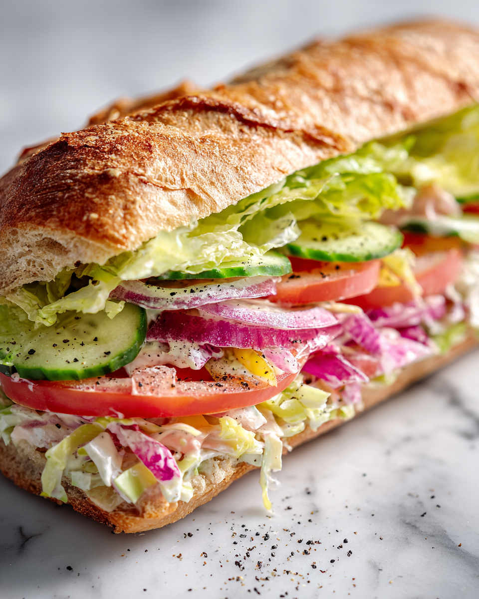 Sandwich salade sous-marin garni de viandes et légumes frais, parfait pour un repas d'automne en pique-nique.