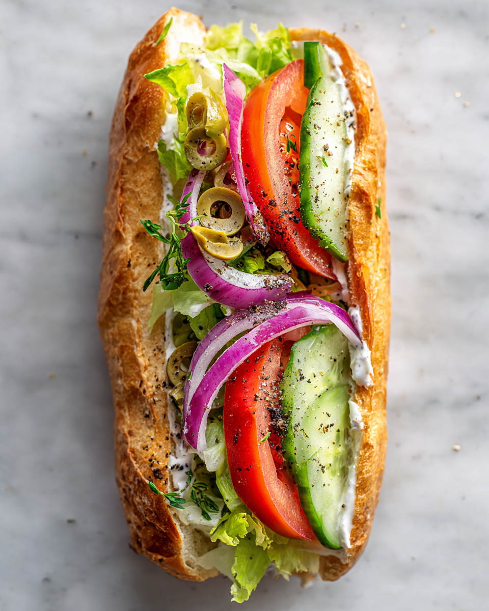 Sandwich salade sous-marin garni de viandes et légumes frais, parfait pour un repas d'automne en pique-nique.