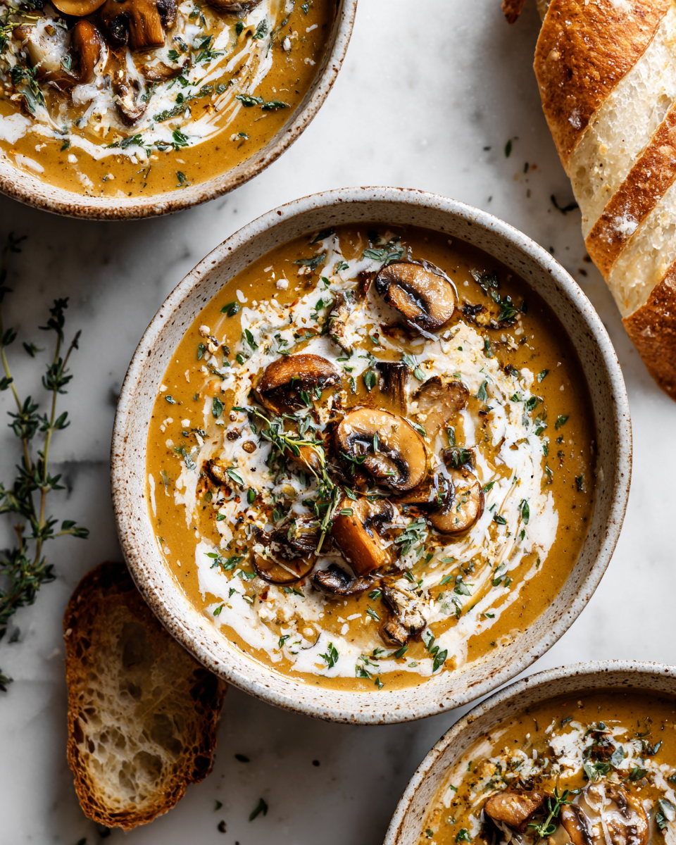 Soupe crémeuse aux champignons savoureuse et réconfortante, idéale pour l'automne et parfaite pour des soirées chaleureuses en famille.
