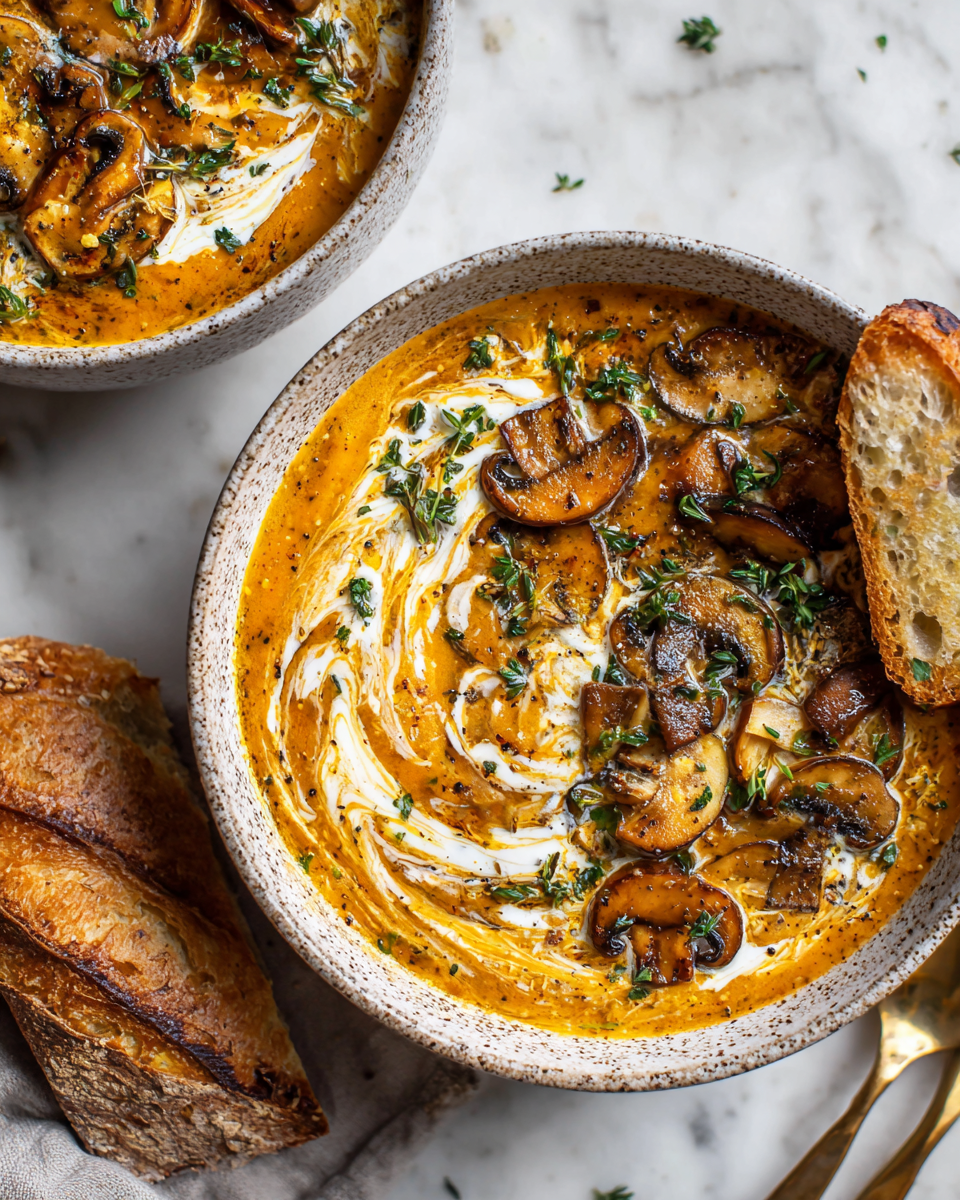 Soupe crémeuse aux champignons savoureuse et réconfortante, idéale pour l'automne et parfaite pour des soirées chaleureuses en famille.