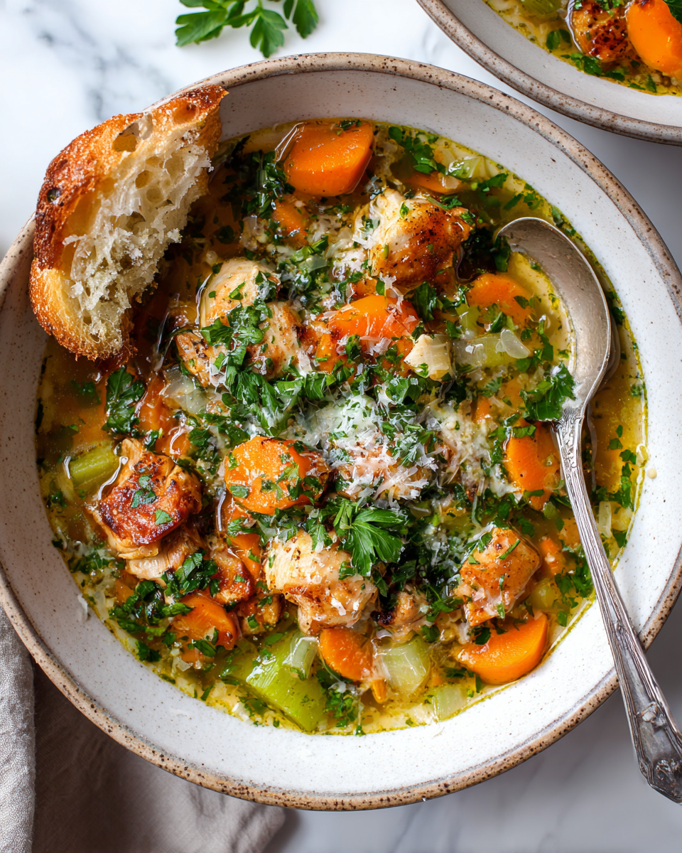 Bol de soupe italienne pénicilline réconfortante, garnie de persil et de parmesan, idéale pour l'automne.