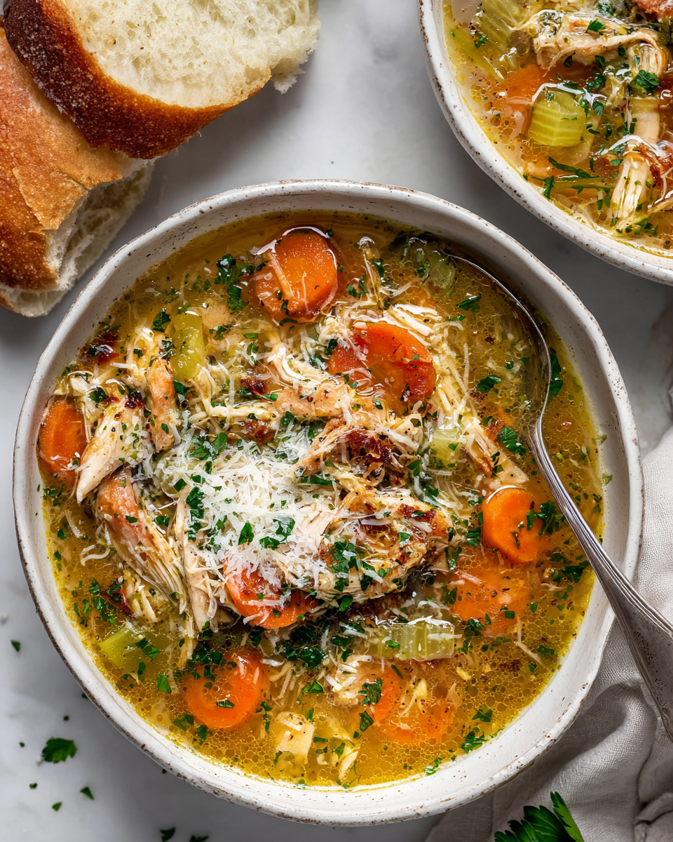 Bol de soupe italienne pénicilline réconfortante, garnie de persil et de parmesan, idéale pour l'automne.